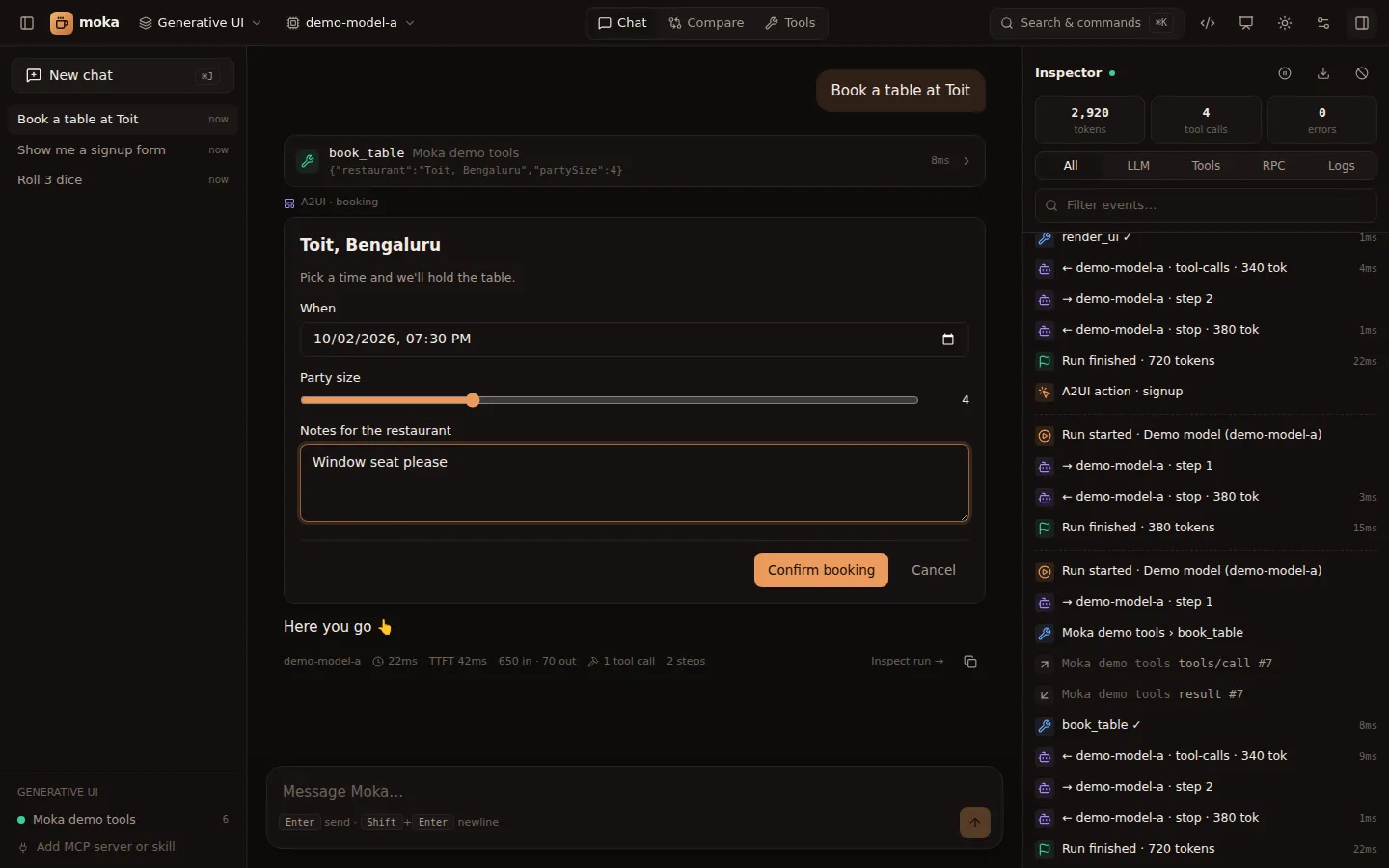 An A2UI booking form