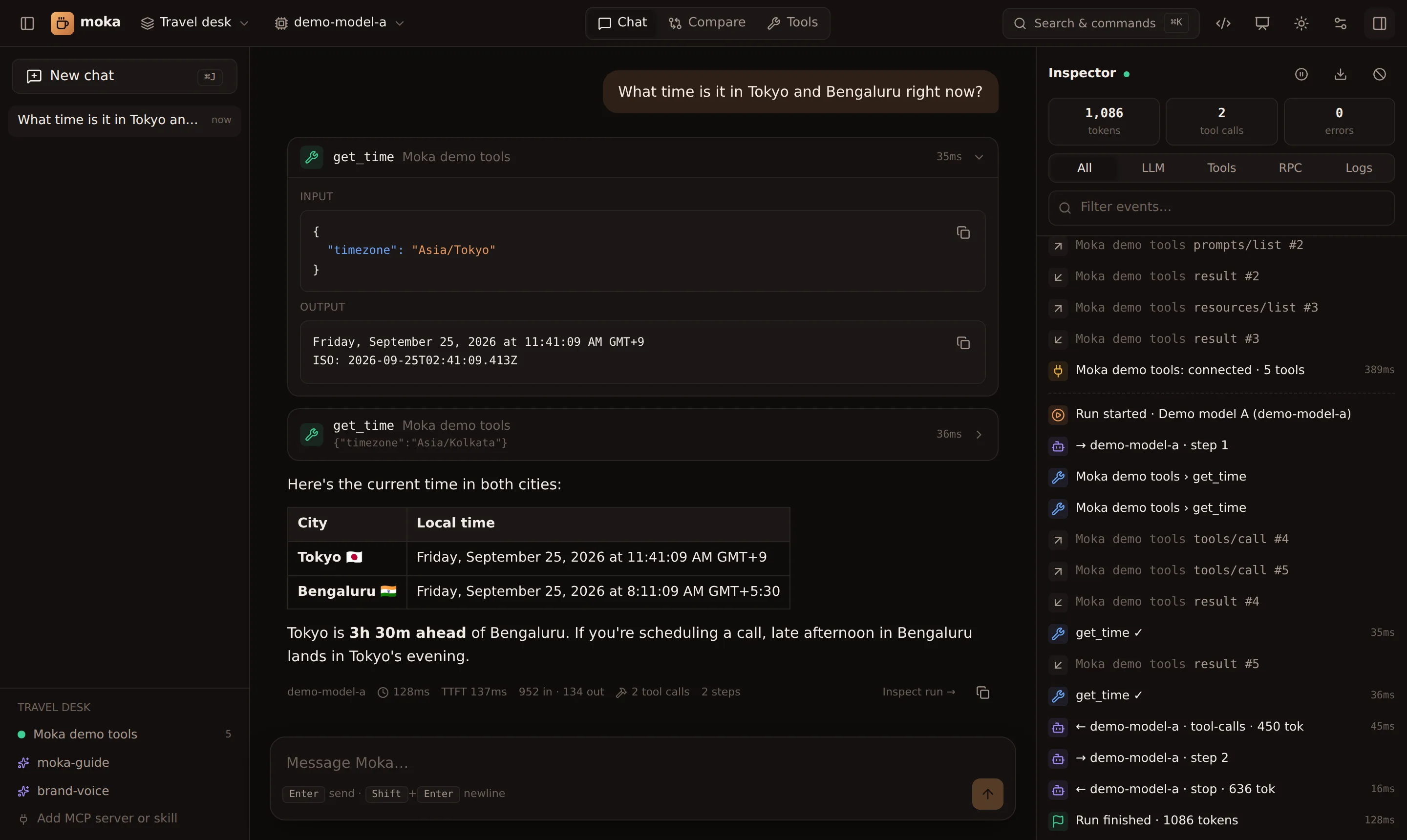 Moka chat with tool calls and the live inspector